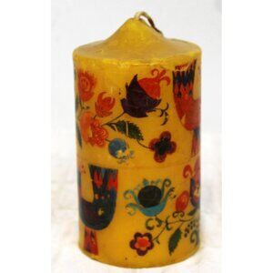 Vtg 80s German Printed Candle Harvest Yellow Gold Flowers Birds Unburnt Folk Man